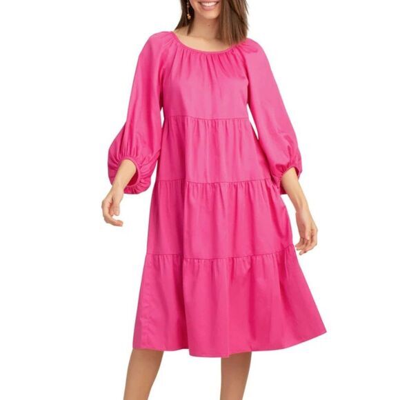 Trina Turk Cassia Tiered Midi Dress Size M Playa Pink‎ Balloon Puff Sleeve - Picture 1 of 10